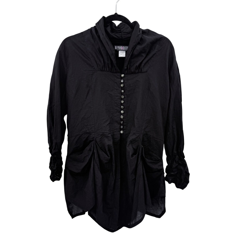 The Pyramid Collection Black Cotton Victorian Gothic Button Front Tunic Top M